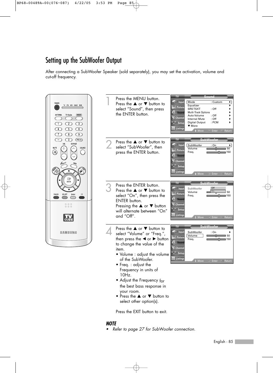 Setting up the subwoofer output | Samsung HLR5688WX-XAA User Manual | Page 85 / 144