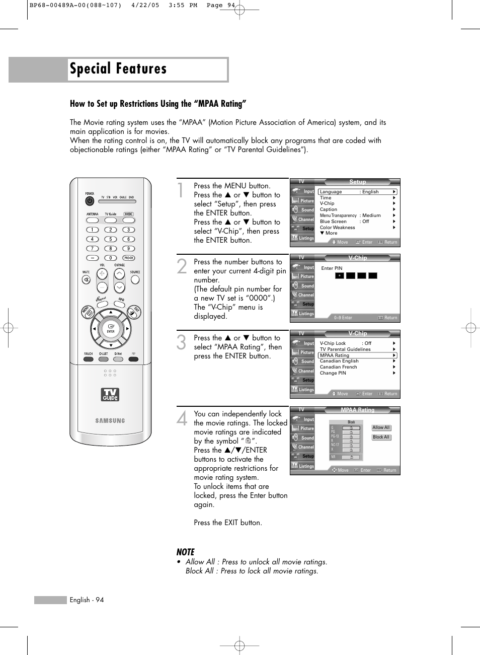 Special features, How to set up restrictions using the “mpaa rating | Samsung HLR5688WX-XAA User Manual | Page 94 / 144