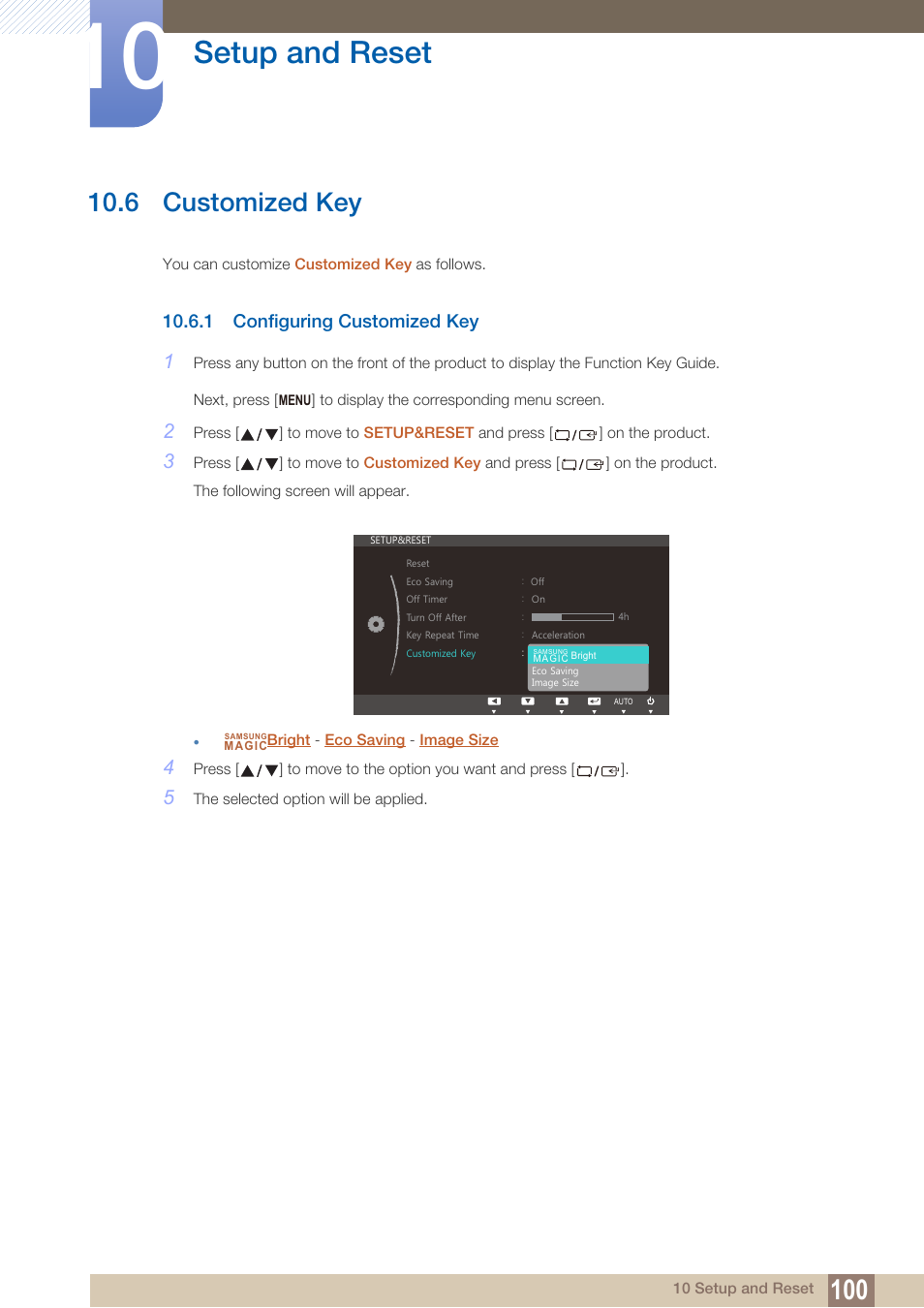 6 customized key, 1 configuring customized key, Customized key | Configuring customized key, And select the mode you want, Setup and reset | Samsung LS22B150NS-ZM User Manual | Page 100 / 160