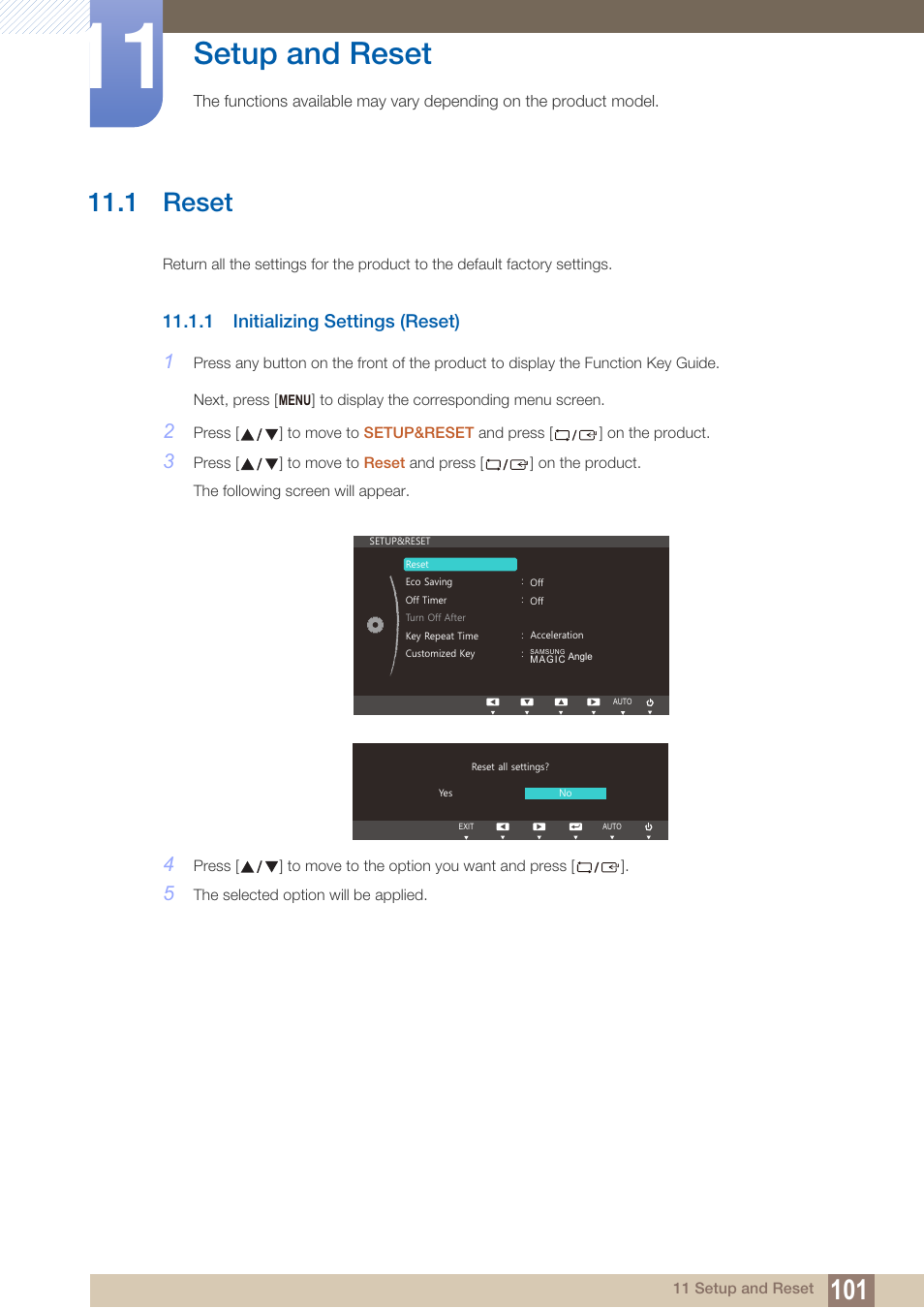 Setup and reset, 1 reset, 1 initializing settings (reset) | Reset, Initializing settings (reset) | Samsung LS22B150NS-ZM User Manual | Page 101 / 160