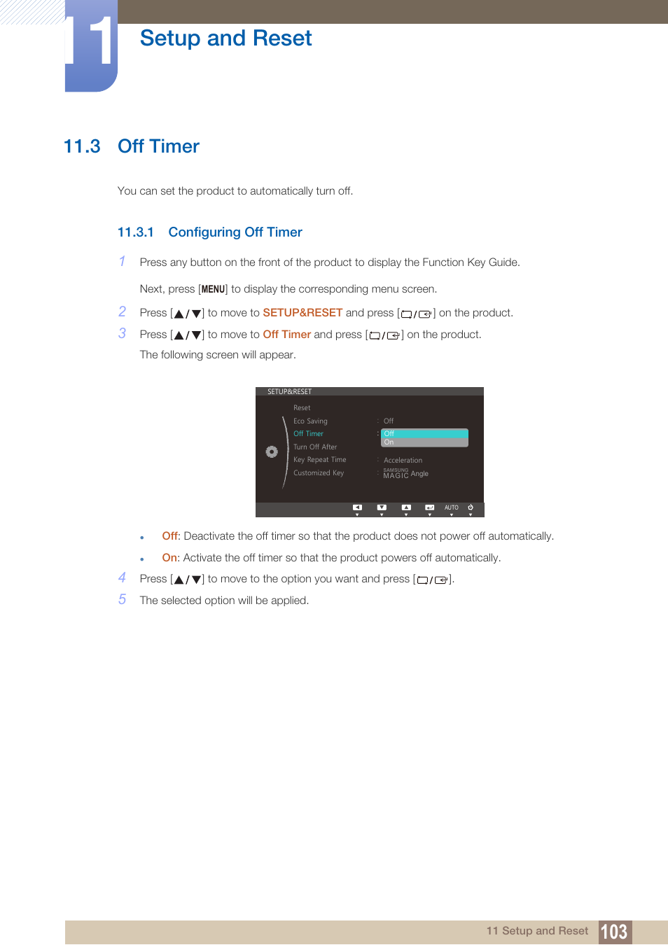 3 off timer, 1 configuring off timer, Off timer | Configuring off timer, Setup and reset | Samsung LS22B150NS-ZM User Manual | Page 103 / 160