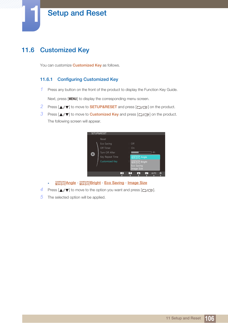 6 customized key, 1 configuring customized key, Customized key | Configuring customized key, And select the mode you want, Setup and reset | Samsung LS22B150NS-ZM User Manual | Page 106 / 160