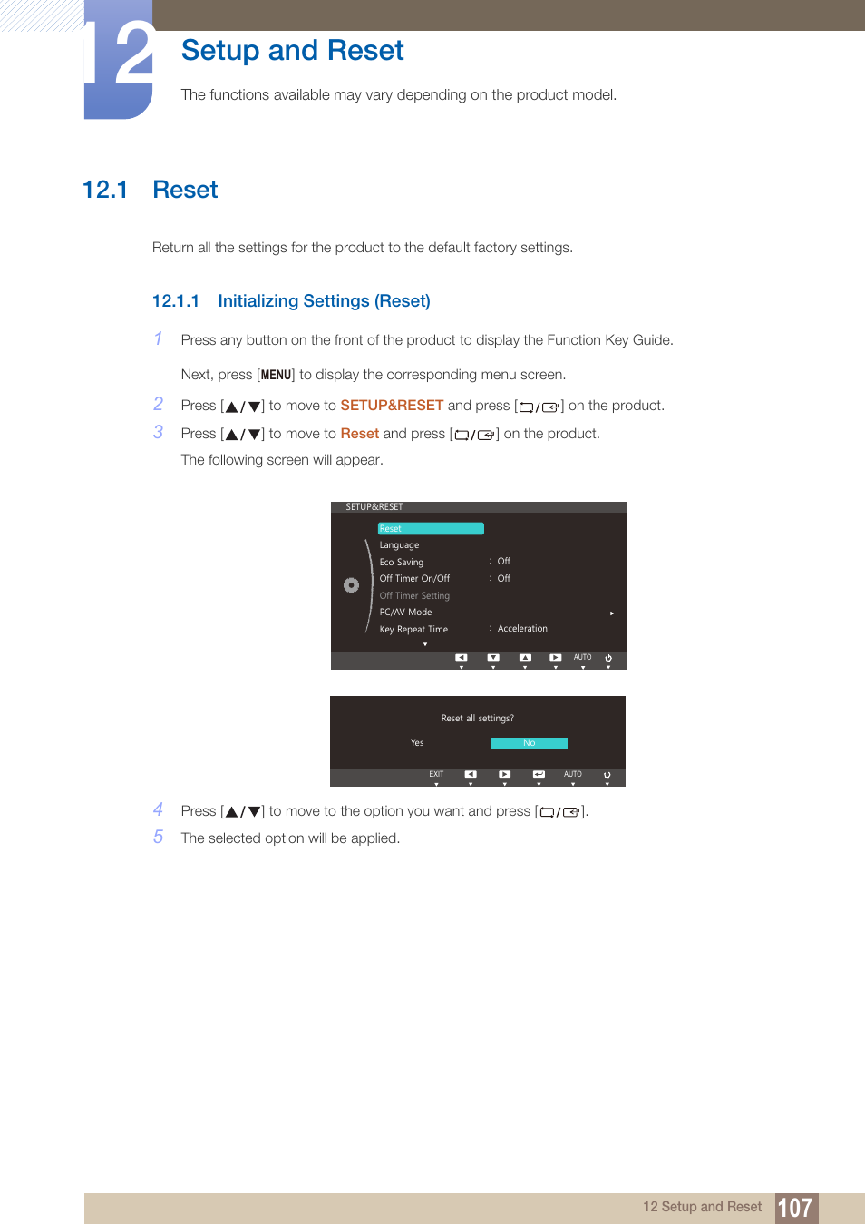 Setup and reset, 1 reset, 1 initializing settings (reset) | Reset, Initializing settings (reset) | Samsung LS22B150NS-ZM User Manual | Page 107 / 160