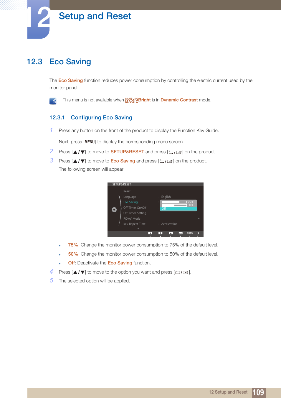 3 eco saving, 1 configuring eco saving, Eco saving | Configuring eco saving, Setup and reset | Samsung LS22B150NS-ZM User Manual | Page 109 / 160