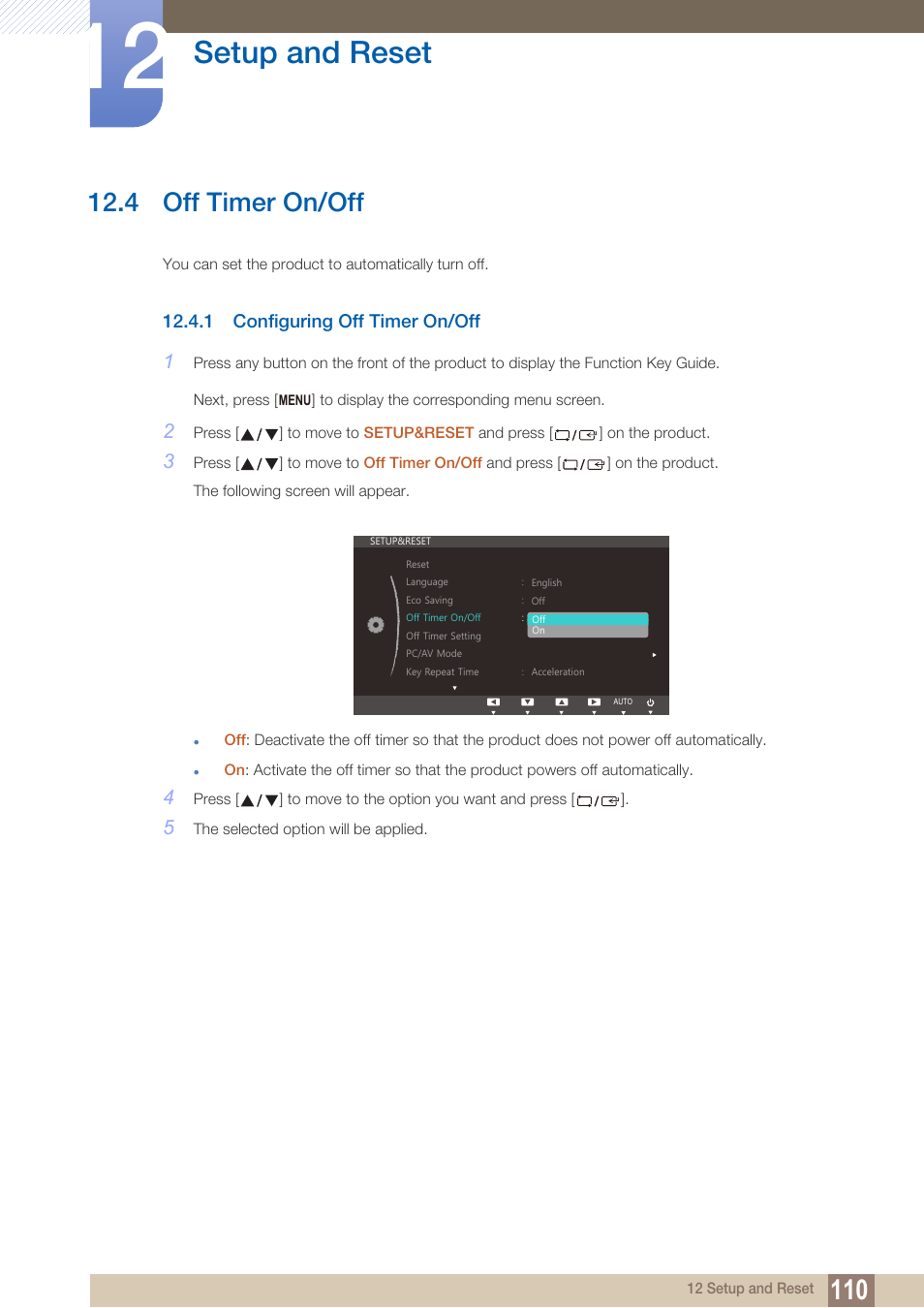 4 off timer on/off, 1 configuring off timer on/off, Off timer on/off | Configuring off timer on/off, Setup and reset | Samsung LS22B150NS-ZM User Manual | Page 110 / 160