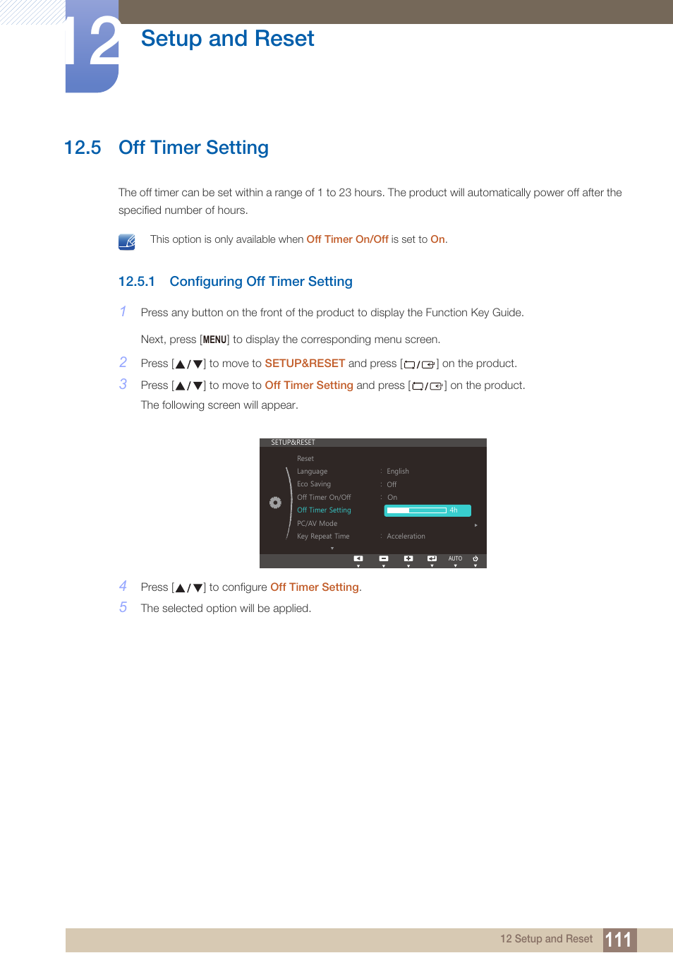 5 off timer setting, 1 configuring off timer setting, Off timer setting | Configuring off timer setting, Setup and reset | Samsung LS22B150NS-ZM User Manual | Page 111 / 160