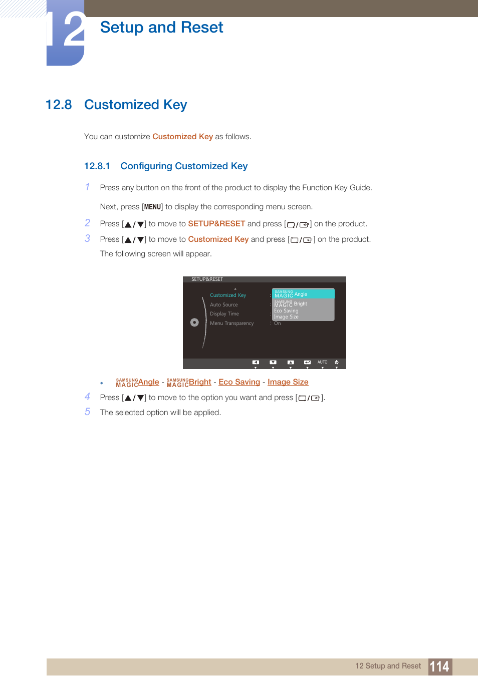8 customized key, 1 configuring customized key, Customized key | Configuring customized key, And select the mode you want, Setup and reset | Samsung LS22B150NS-ZM User Manual | Page 114 / 160