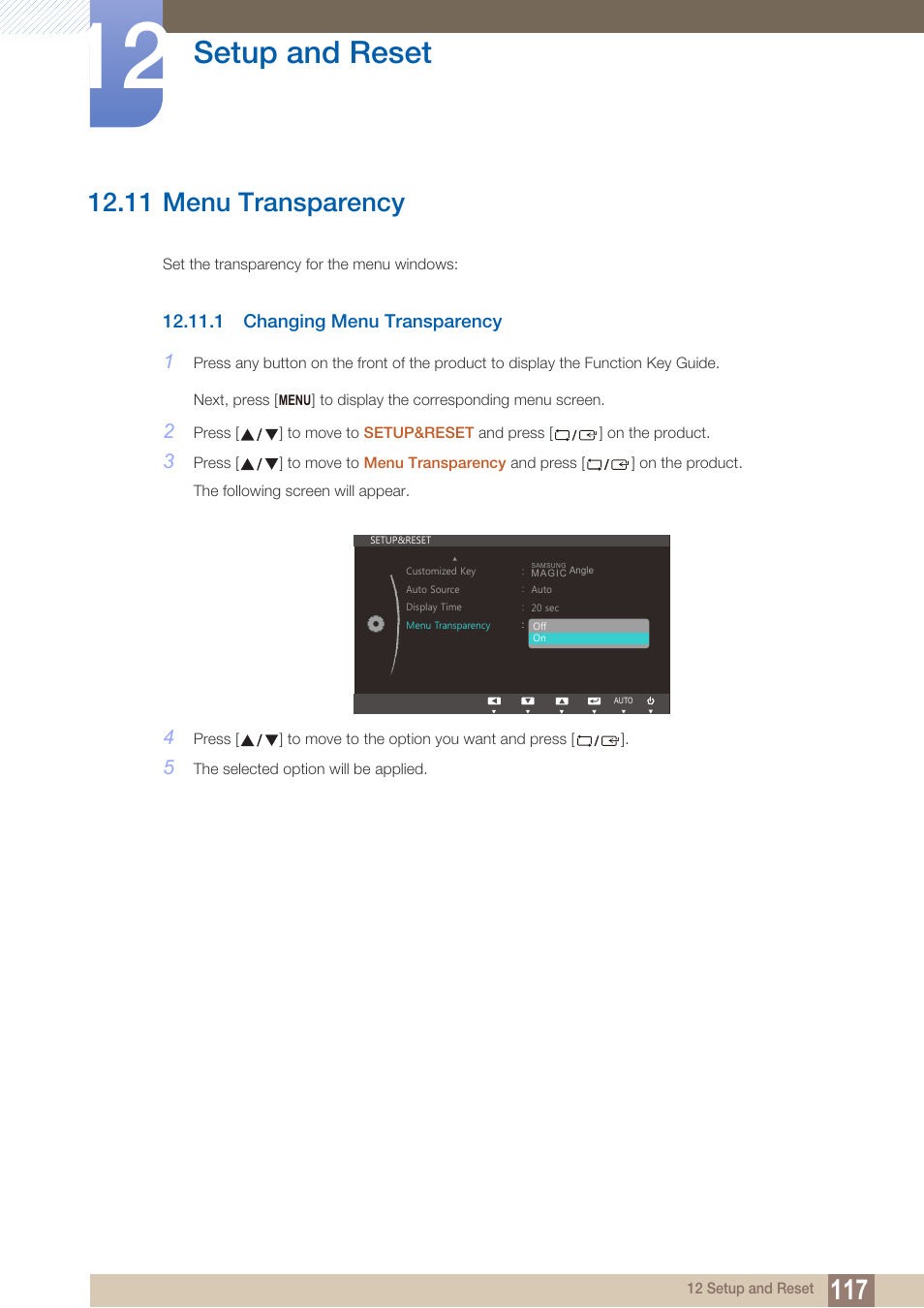 11 menu transparency, 1 changing menu transparency, Menu transparency | Changing menu transparency, Setup and reset | Samsung LS22B150NS-ZM User Manual | Page 117 / 160