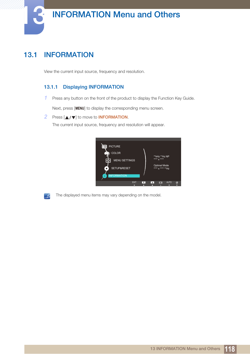 Information menu and others, 1 information, 1 displaying information | Information menu and, Others, Information, Displaying information | Samsung LS22B150NS-ZM User Manual | Page 118 / 160