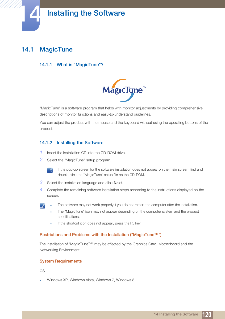 Installing the software, 1 magictune, 1 what is "magictune | 2 installing the software, Installing the, Software, Magictune, What is "magictune | Samsung LS22B150NS-ZM User Manual | Page 120 / 160