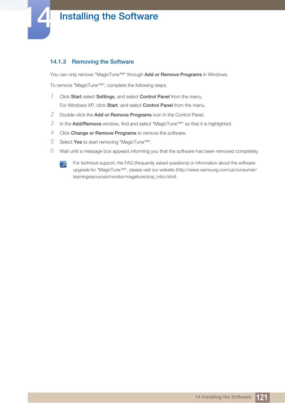 3 removing the software, Removing the software, Installing the software | Samsung LS22B150NS-ZM User Manual | Page 121 / 160