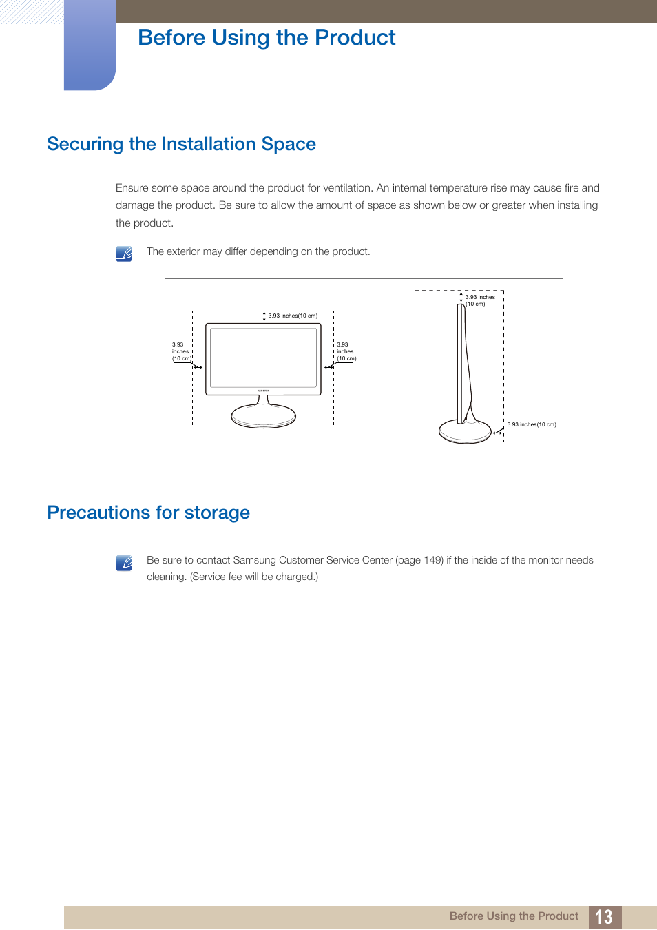 Securing the installation space, Precautions for storage, Before using the product | Samsung LS22B150NS-ZM User Manual | Page 13 / 160