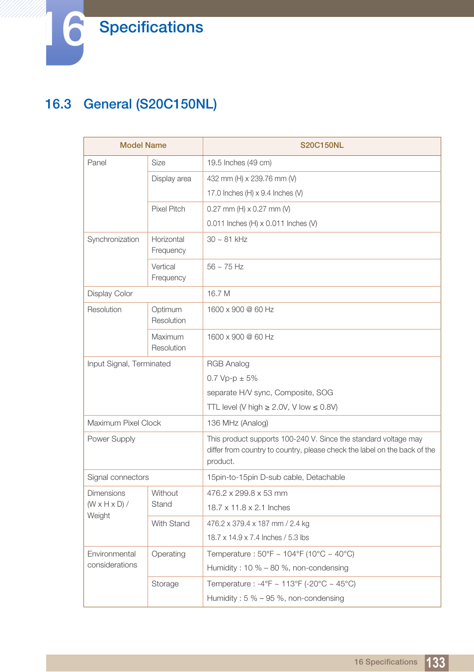 3 general (s20c150nl), General (s20c150nl), Specifications | Samsung LS22B150NS-ZM User Manual | Page 133 / 160