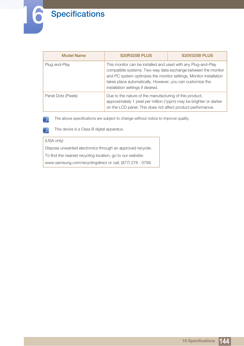Specifications | Samsung LS22B150NS-ZM User Manual | Page 144 / 160
