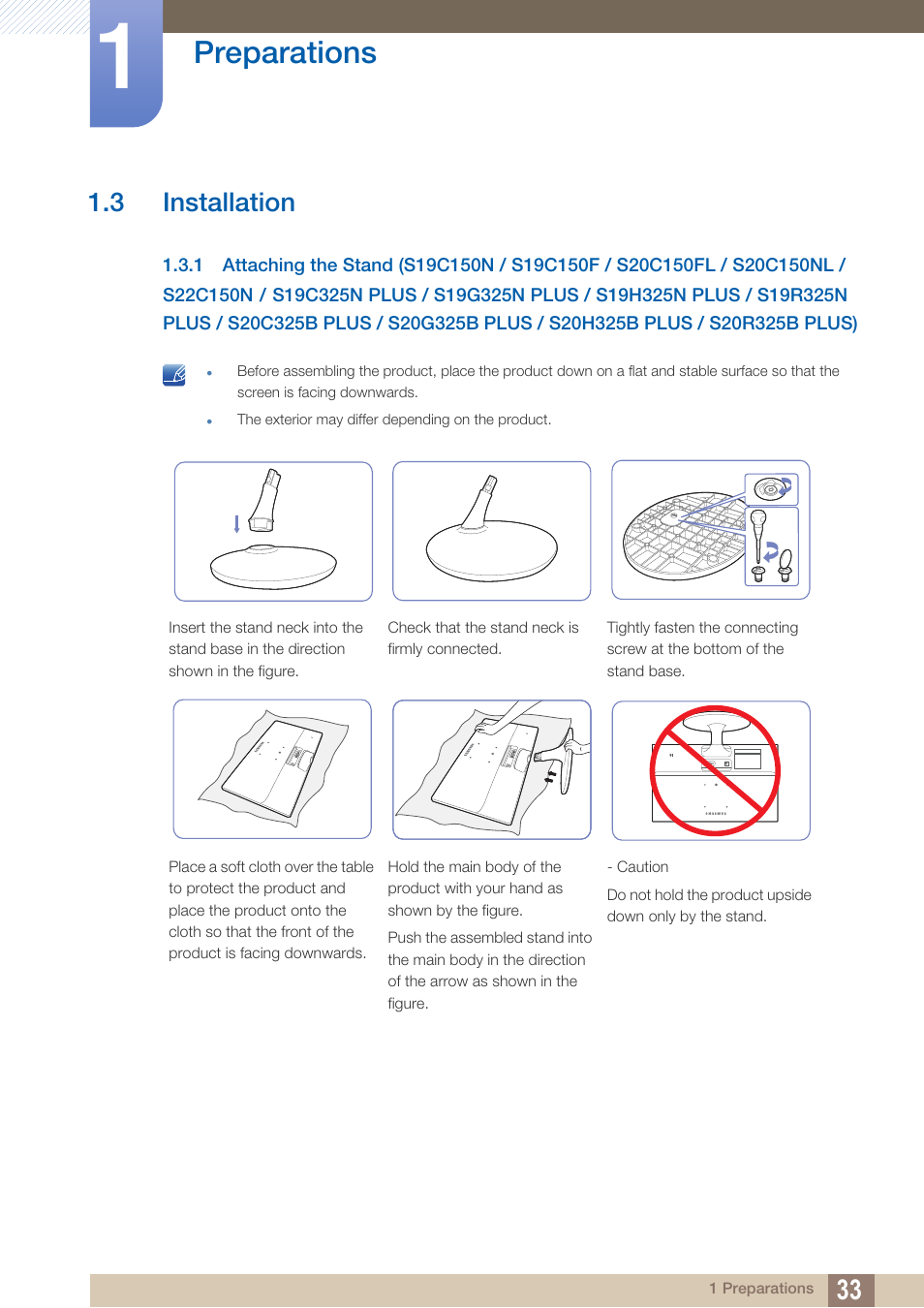 3 installation, Installation, Attaching the stand (s19c150n / s19c150f | Preparations | Samsung LS22B150NS-ZM User Manual | Page 33 / 160