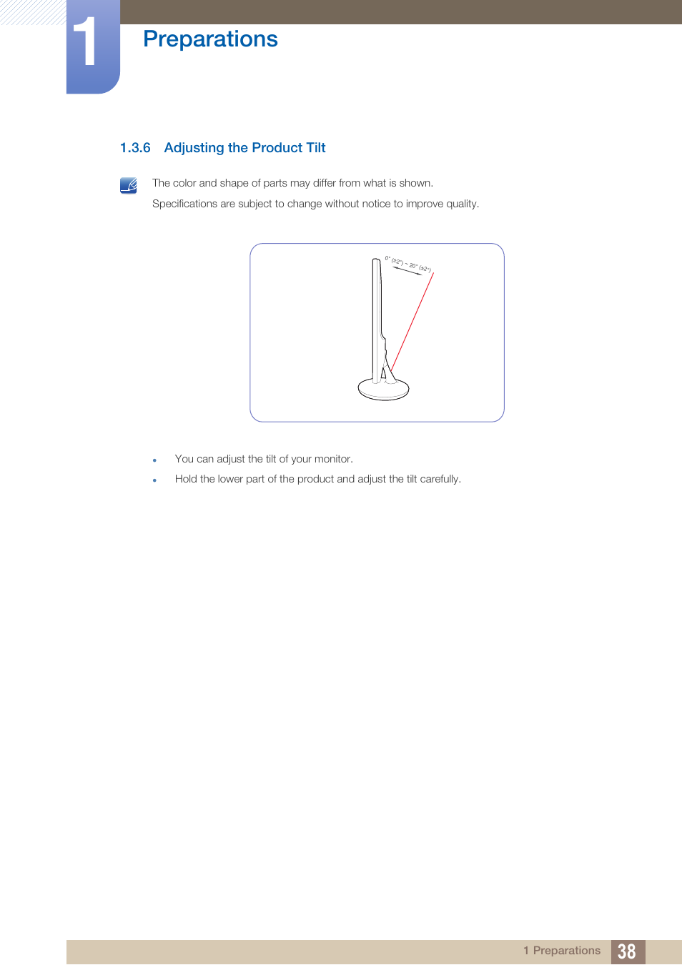 6 adjusting the product tilt, Adjusting the product tilt, Preparations | Samsung LS22B150NS-ZM User Manual | Page 38 / 160