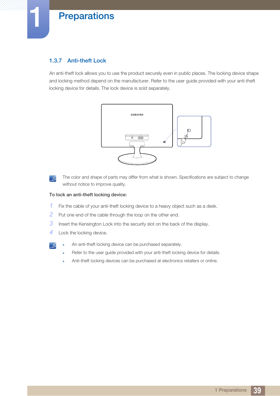 7 anti-theft lock, Anti-theft lock, Preparations | Samsung LS22B150NS-ZM User Manual | Page 39 / 160