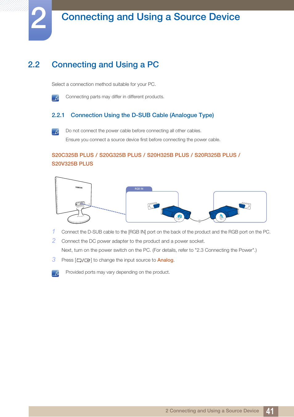 2 connecting and using a pc, 1 connection using the d-sub cable (analogue type), Connecting and using a pc | Connection using the d-sub cable (analogue type), Connecting and using a source device | Samsung LS22B150NS-ZM User Manual | Page 41 / 160