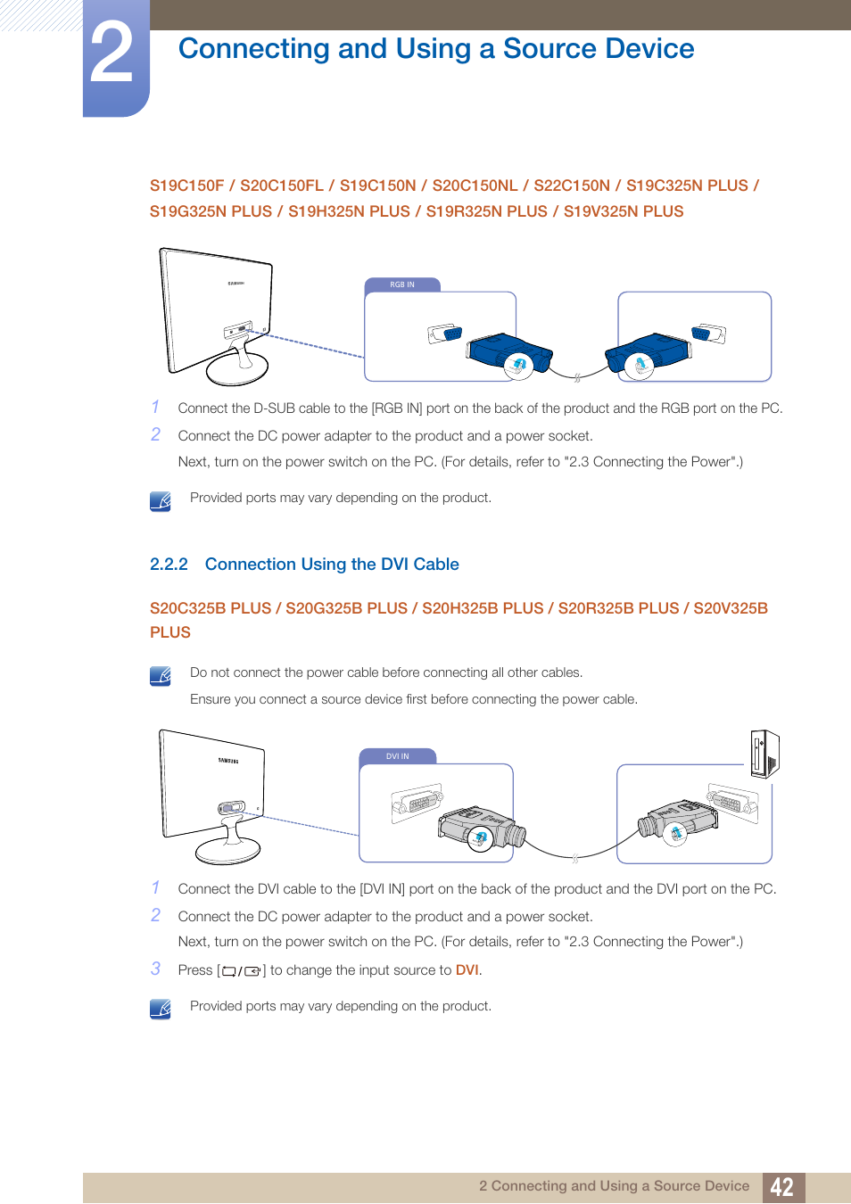 2 connection using the dvi cable, Connection using the dvi cable, Connecting and using a source device | Samsung LS22B150NS-ZM User Manual | Page 42 / 160