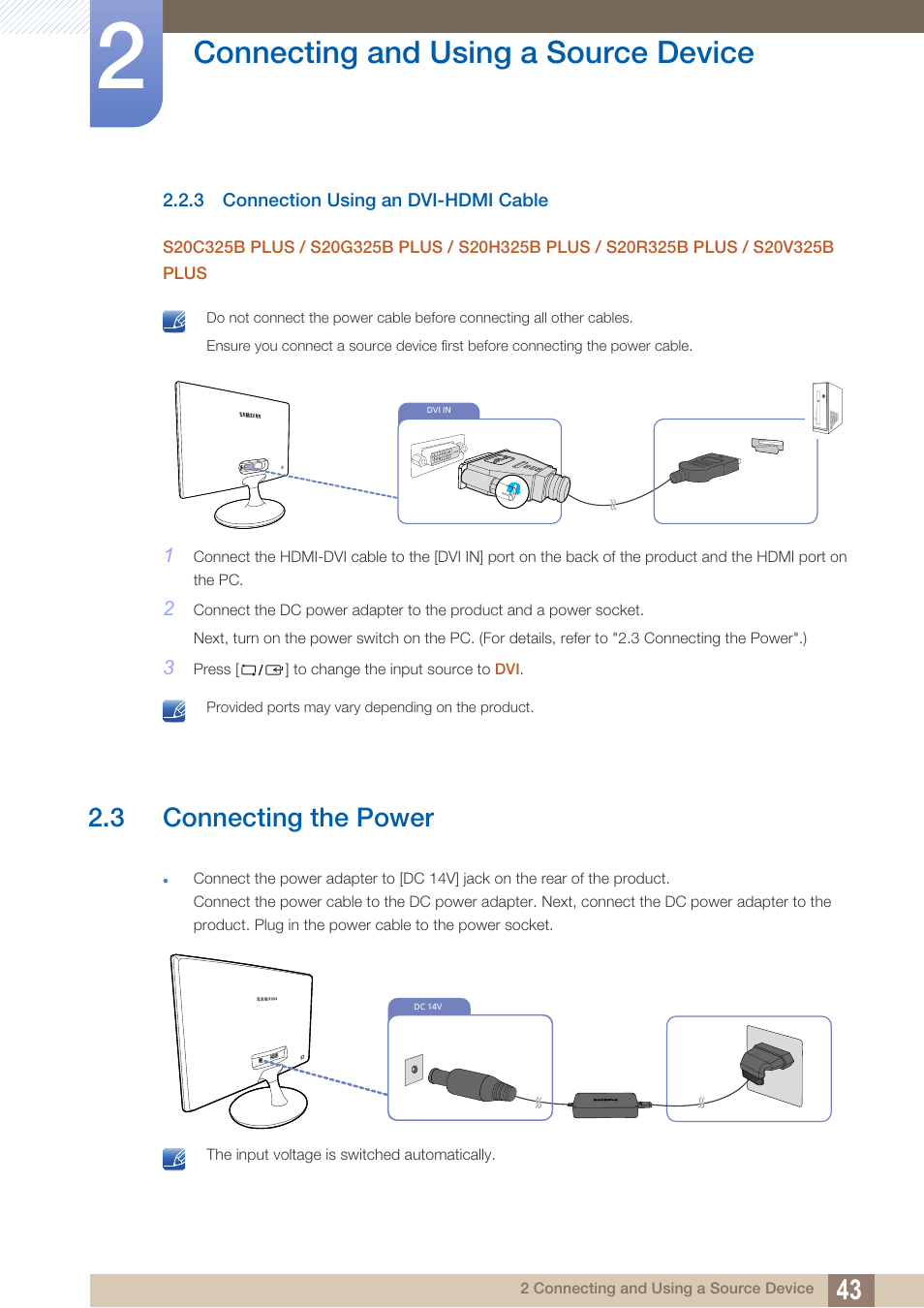 3 connection using an dvi-hdmi cable, 3 connecting the power, Connection using an dvi-hdmi cable | Connecting the power, Connecting and using a source device | Samsung LS22B150NS-ZM User Manual | Page 43 / 160