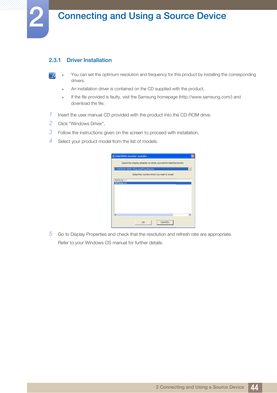 1 driver installation, Driver installation, Connecting and using a source device | Samsung LS22B150NS-ZM User Manual | Page 44 / 160