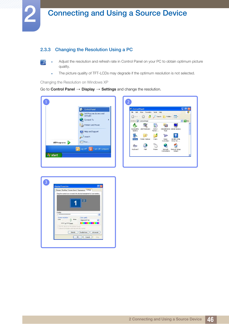 3 changing the resolution using a pc, Changing the resolution using a pc, Connecting and using a source device | Samsung LS22B150NS-ZM User Manual | Page 46 / 160
