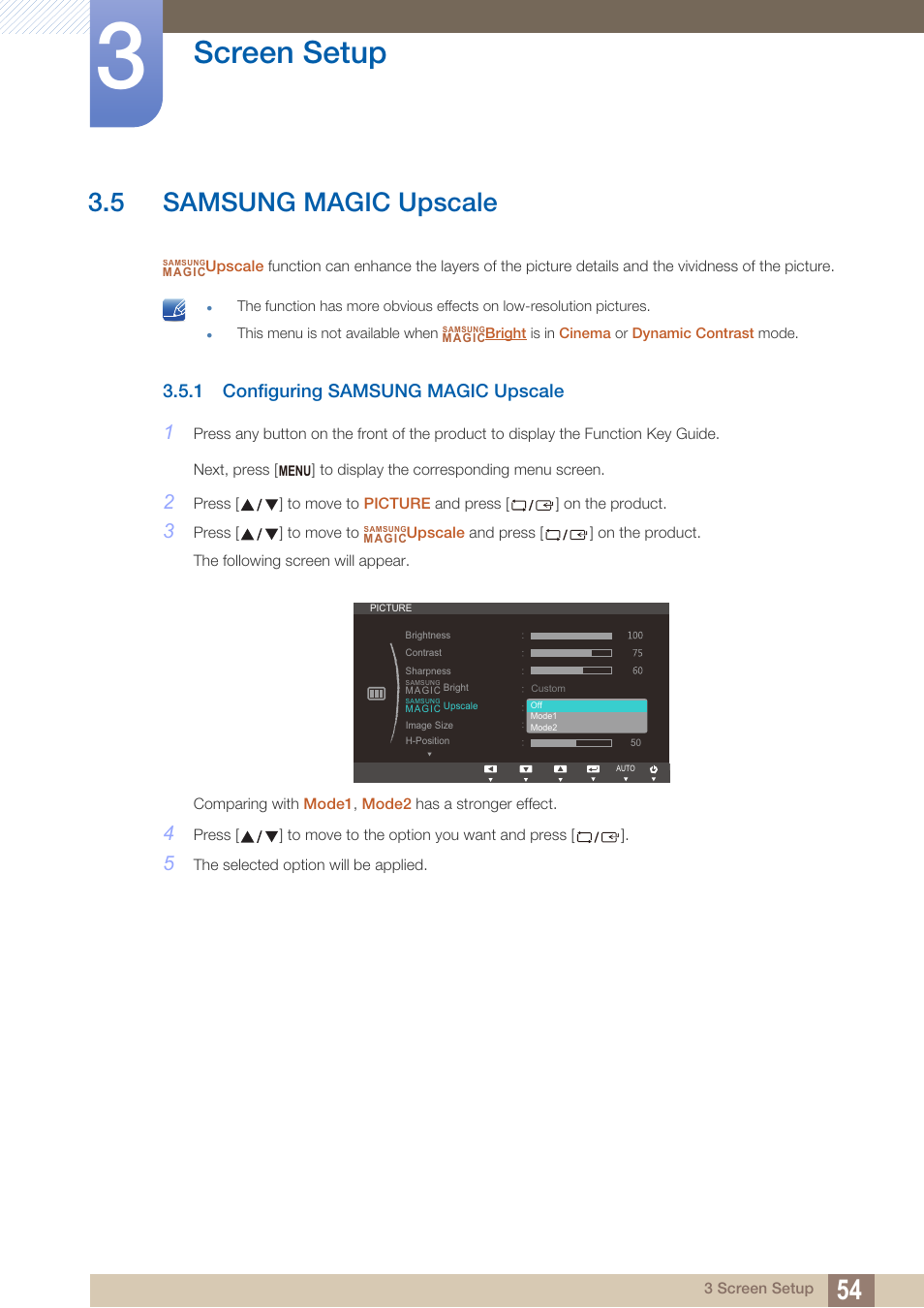 5 samsung magic upscale, 1 configuring samsung magic upscale, Samsung magic upscale | Configuring samsung magic upscale, Upscale, Samsung, Magic, Screen setup | Samsung LS22B150NS-ZM User Manual | Page 54 / 160