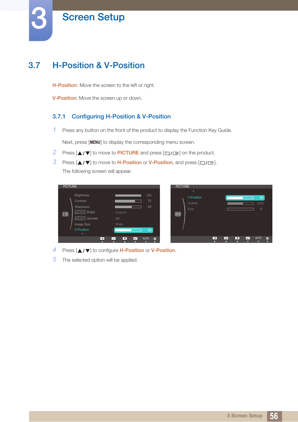 7 h-position & v-position, 1 configuring h-position & v-position, H-position & v-position | Configuring h-position & v-position, Screen setup | Samsung LS22B150NS-ZM User Manual | Page 56 / 160