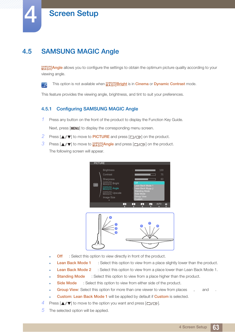 5 samsung magic angle, 1 configuring samsung magic angle, Samsung magic angle | Configuring samsung magic angle, Angle, Samsung, Magic, Screen setup | Samsung LS22B150NS-ZM User Manual | Page 63 / 160