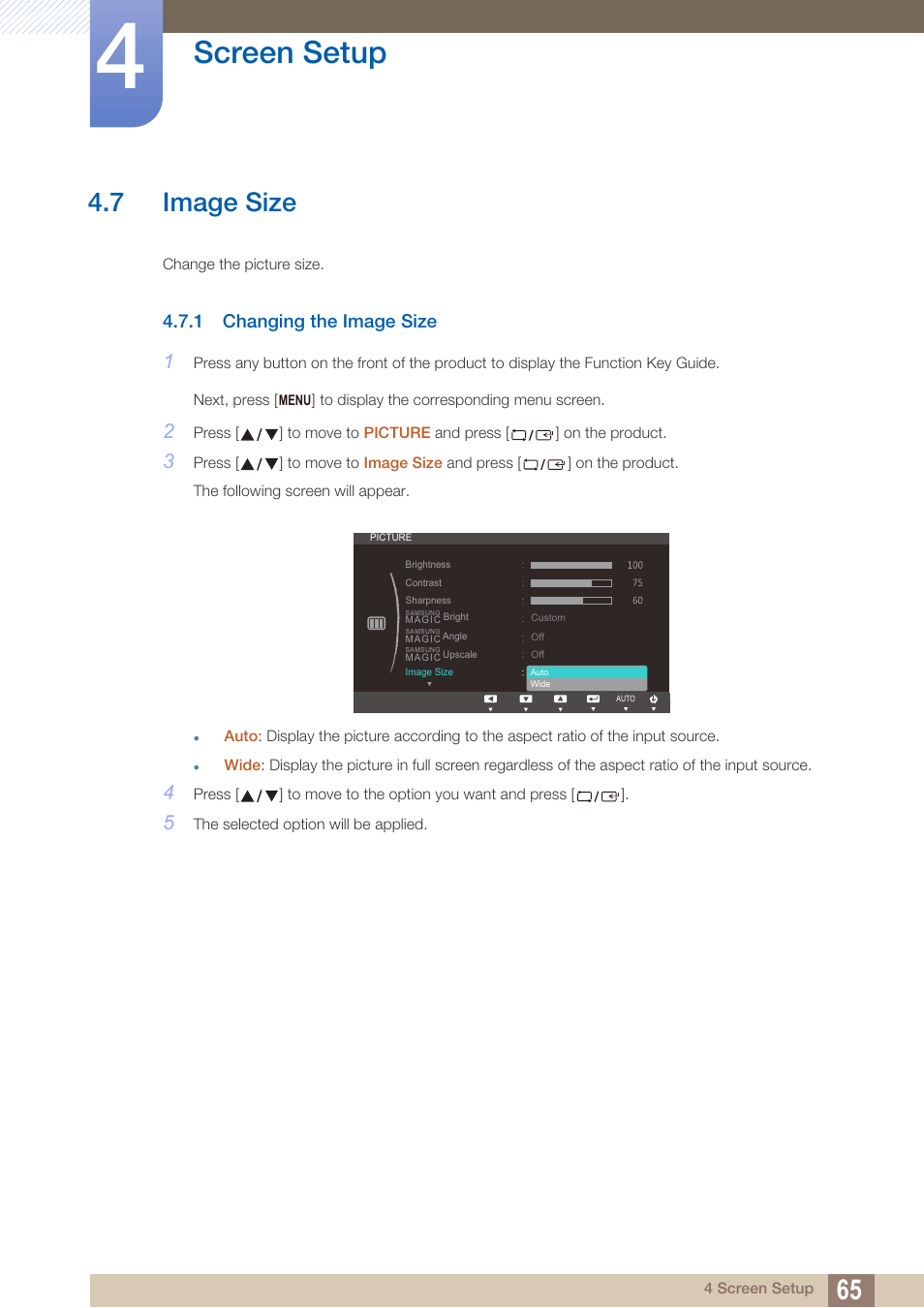 7 image size, 1 changing the image size, Image size | Changing the image size, Screen setup | Samsung LS22B150NS-ZM User Manual | Page 65 / 160