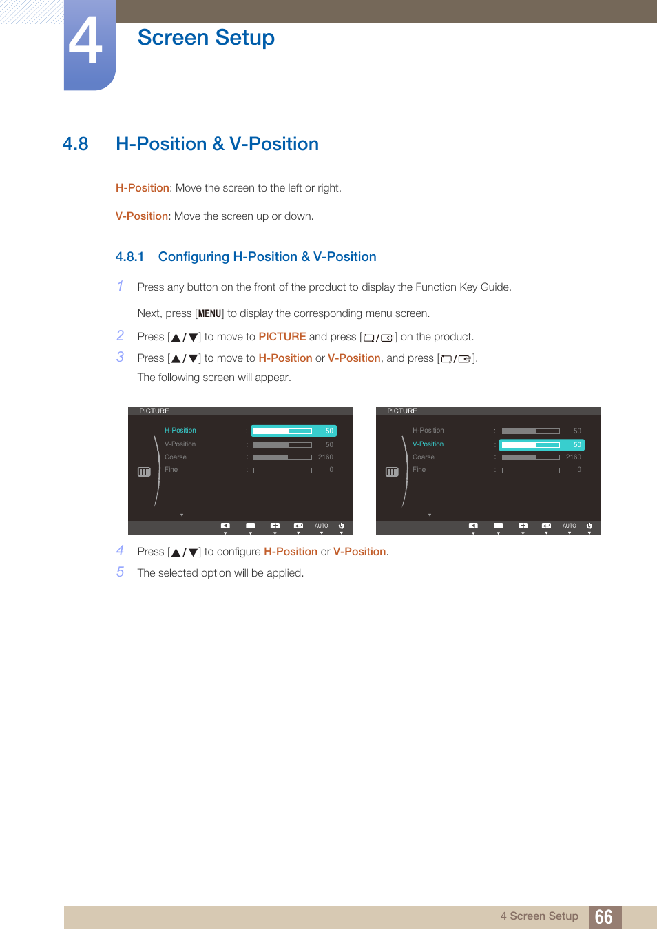 8 h-position & v-position, 1 configuring h-position & v-position, H-position & v-position | Configuring h-position & v-position, Screen setup | Samsung LS22B150NS-ZM User Manual | Page 66 / 160