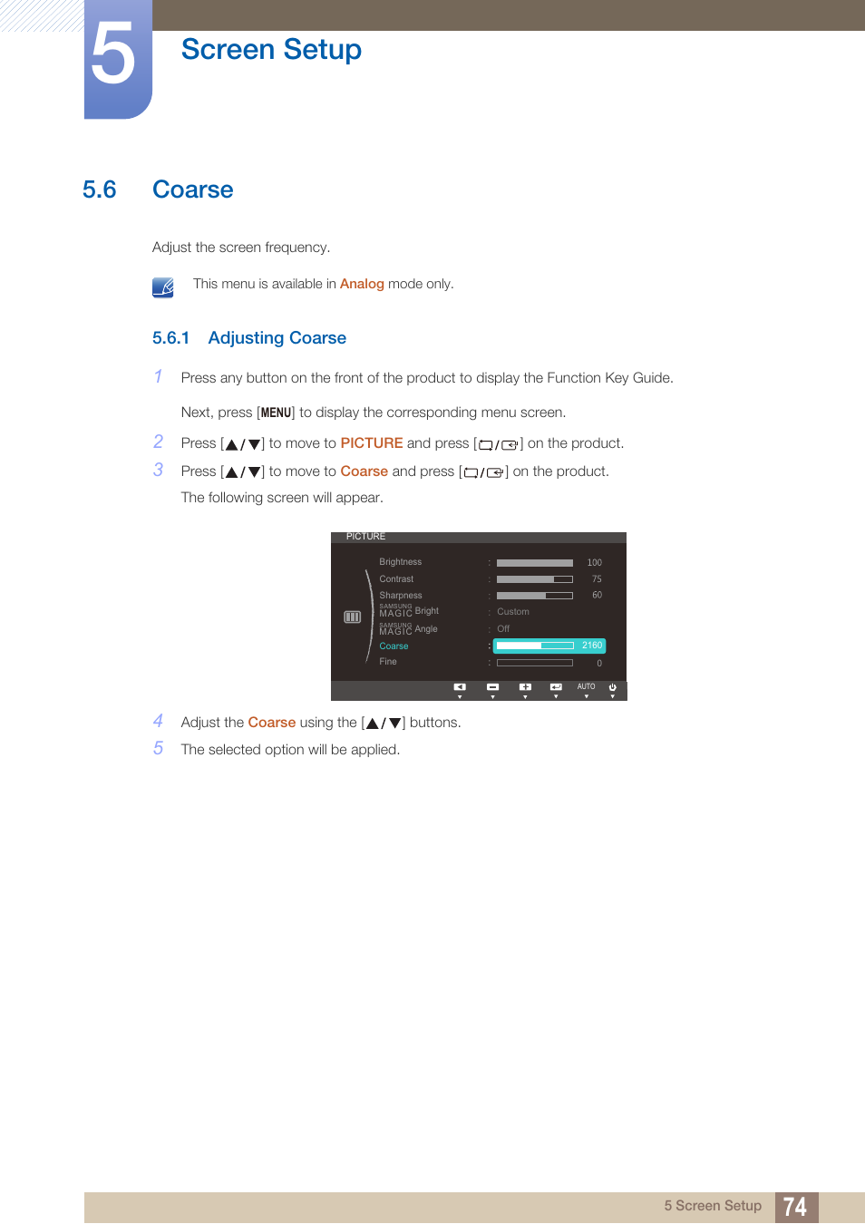 6 coarse, 1 adjusting coarse, Coarse | Adjusting coarse, Screen setup | Samsung LS22B150NS-ZM User Manual | Page 74 / 160