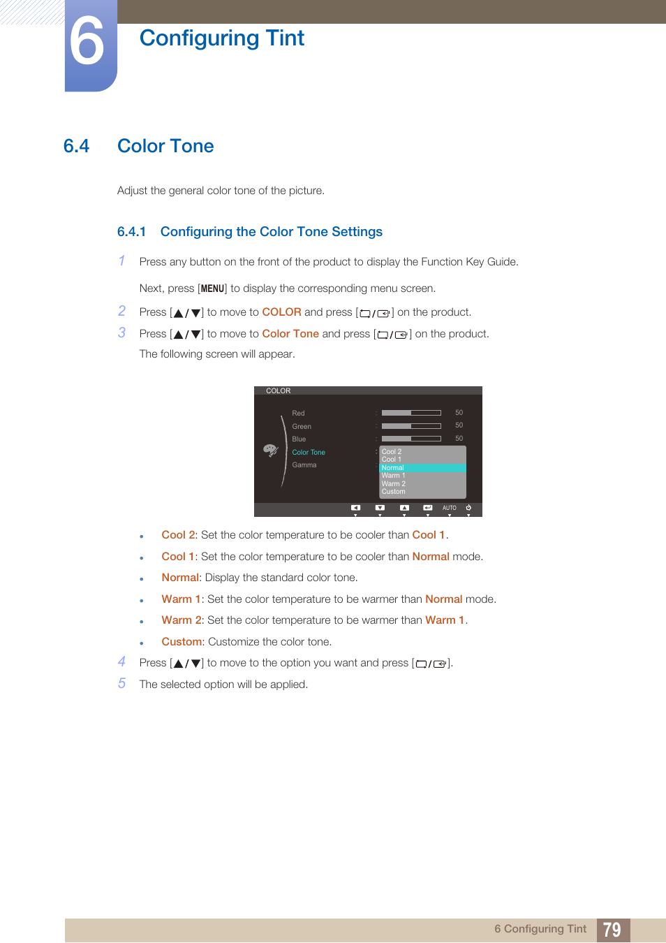 4 color tone, 1 configuring the color tone settings, Color tone | Configuring the color tone settings, Configuring tint | Samsung LS22B150NS-ZM User Manual | Page 79 / 160
