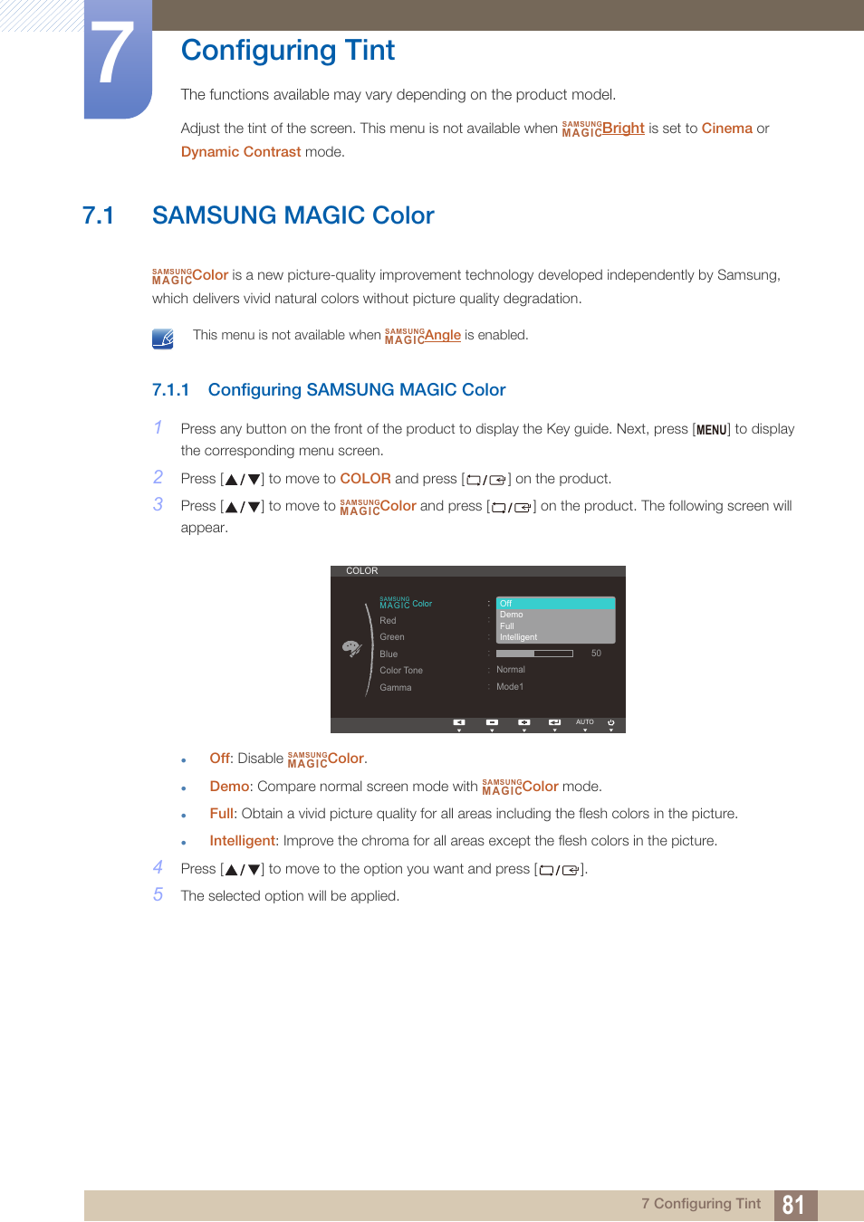 Configuring tint, 1 samsung magic color, 1 configuring samsung magic color | Samsung magic color, Configuring samsung magic color | Samsung LS22B150NS-ZM User Manual | Page 81 / 160