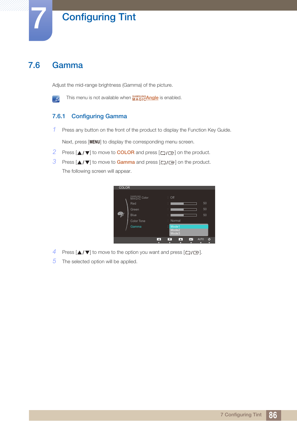 6 gamma, 1 configuring gamma, Gamma | Configuring gamma, Configuring tint | Samsung LS22B150NS-ZM User Manual | Page 86 / 160