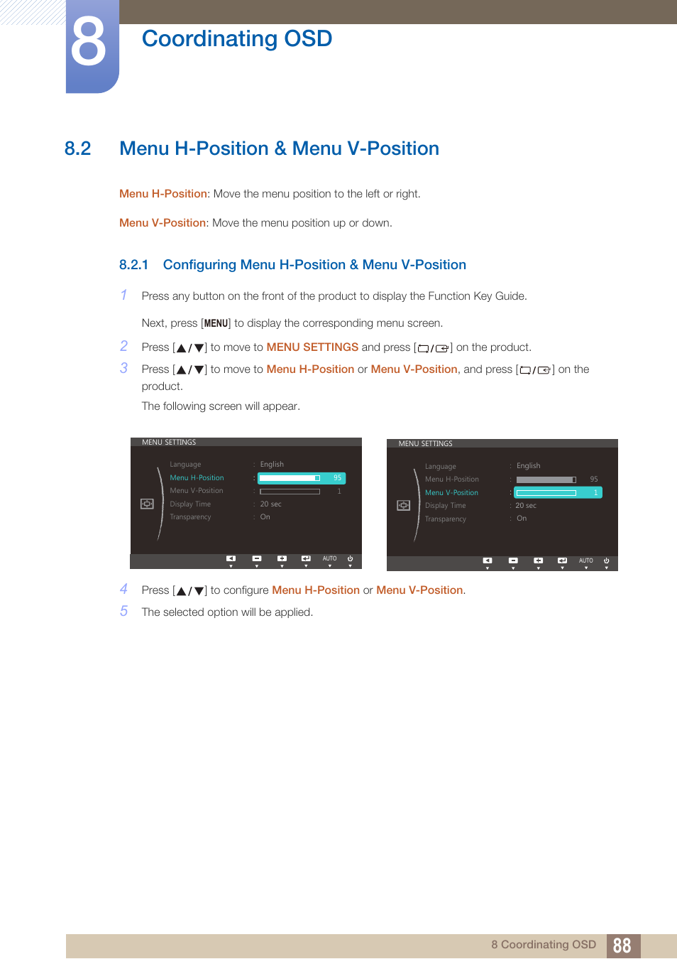 2 menu h-position & menu v-position, 1 configuring menu h-position & menu v-position, Menu h-position & menu v-position | Configuring menu h-position & menu v- position, Coordinating osd | Samsung LS22B150NS-ZM User Manual | Page 88 / 160