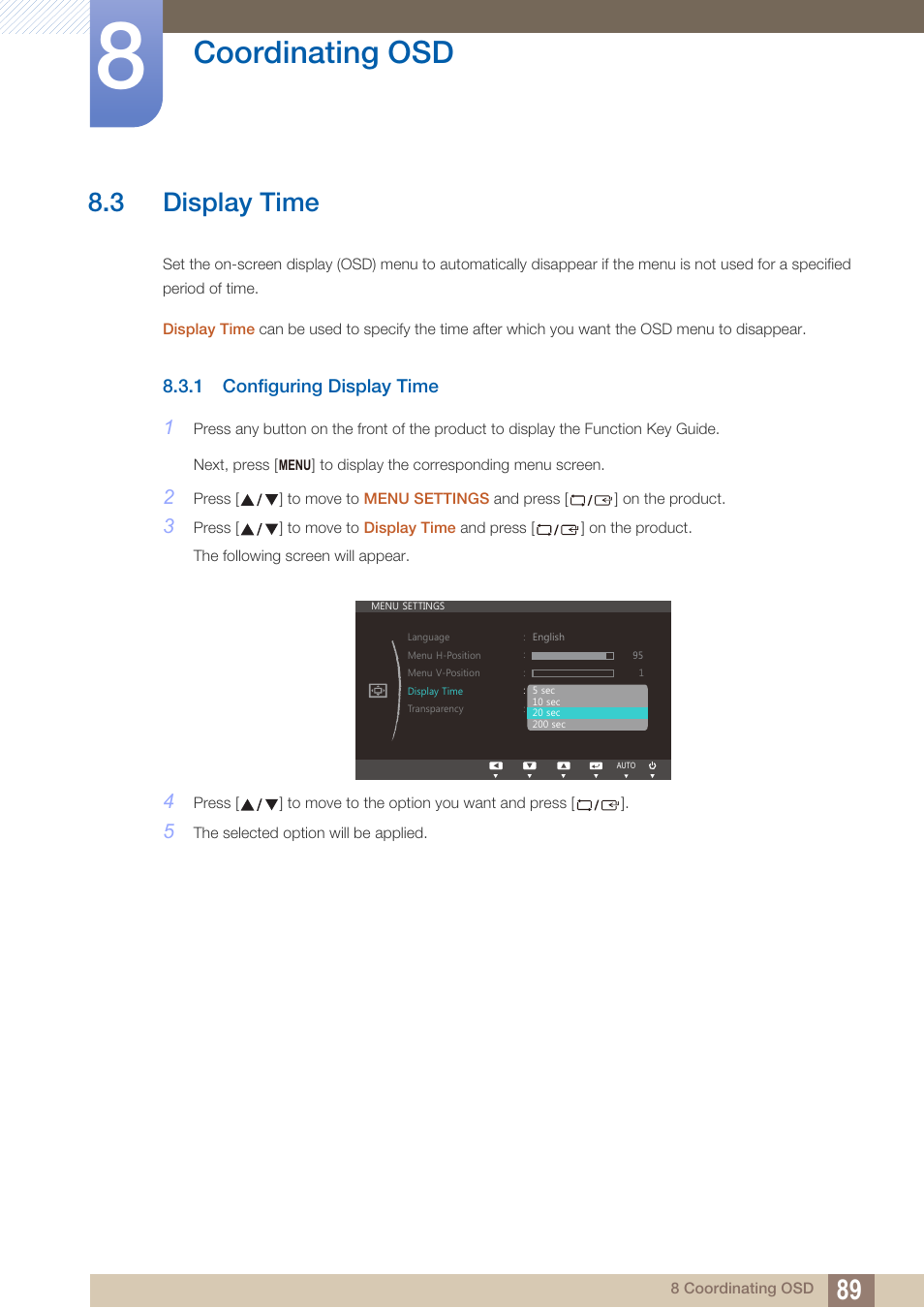 3 display time, 1 configuring display time, Display time | Configuring display time, Coordinating osd | Samsung LS22B150NS-ZM User Manual | Page 89 / 160