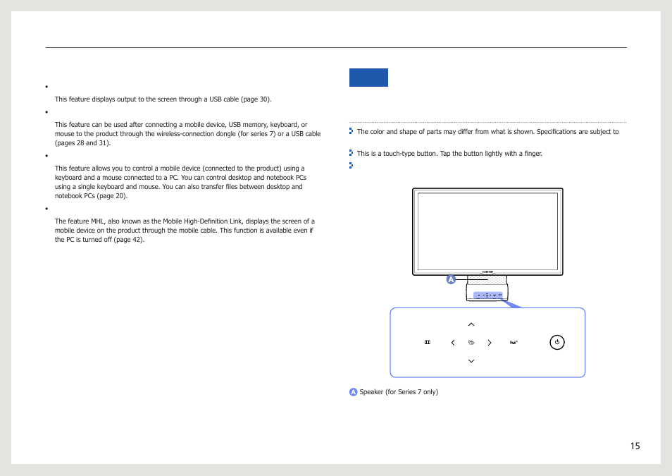 Parts, Front buttons | Samsung LC24B750XS-ZA User Manual | Page 15 / 89