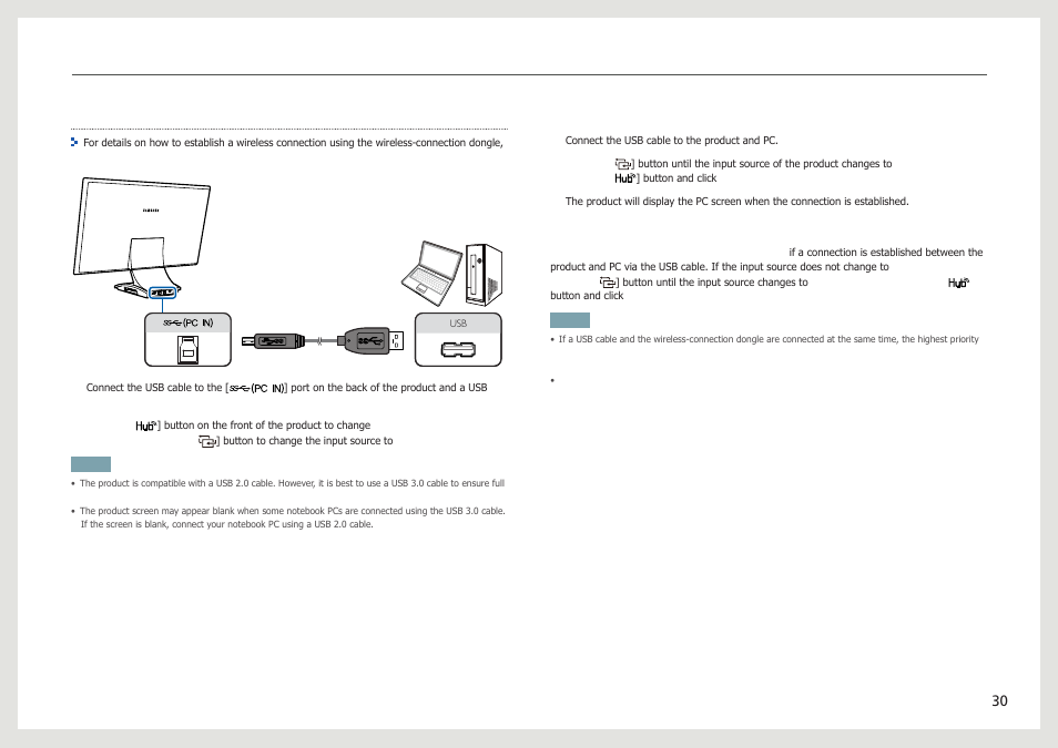 Connecting to a pc using a usb cable, Automatic/manual usb cable connection | Samsung LC24B750XS-ZA User Manual | Page 30 / 89