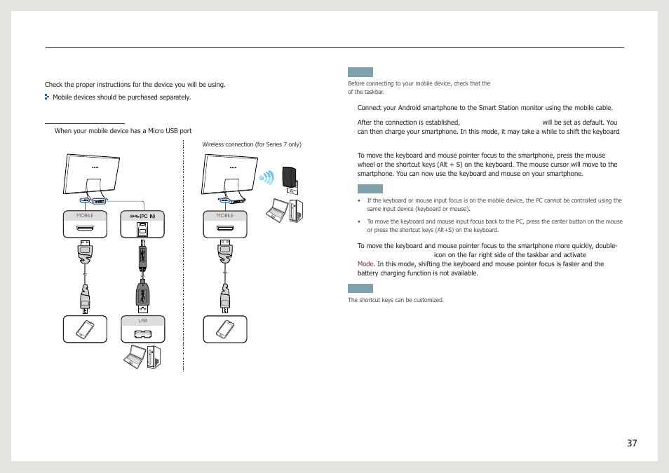 Connecting and using devices by type | Samsung LC24B750XS-ZA User Manual | Page 37 / 89