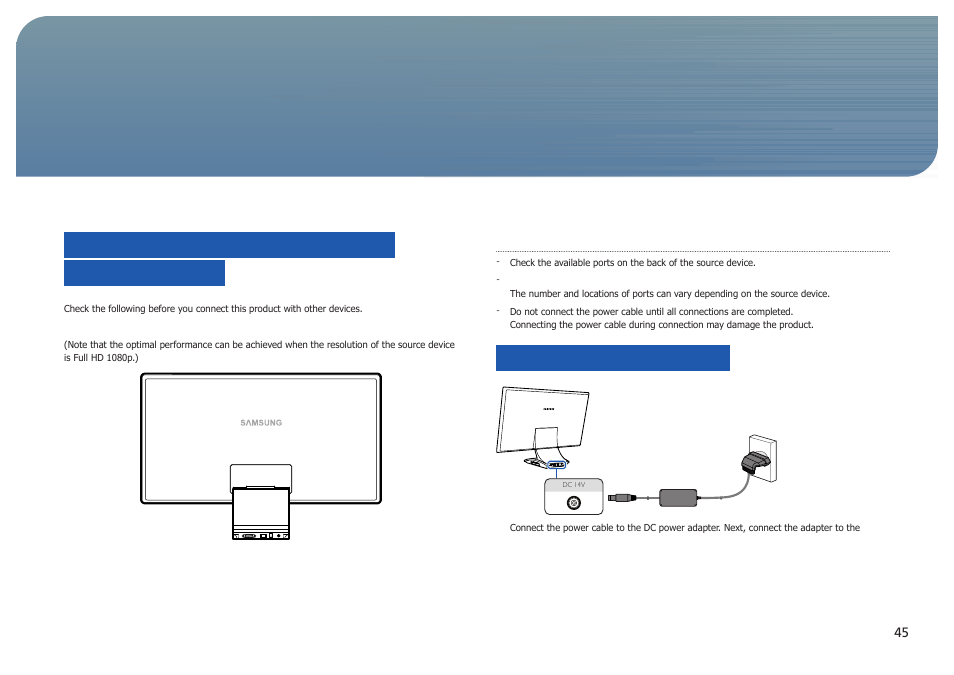 Chapter. 5 connecting and using a source device, Checklist before connecting to source devices, Pre-connection checkpoints | Connecting the power, Connecting and using a source device, Chapter. 5 | Samsung LC24B750XS-ZA User Manual | Page 45 / 89