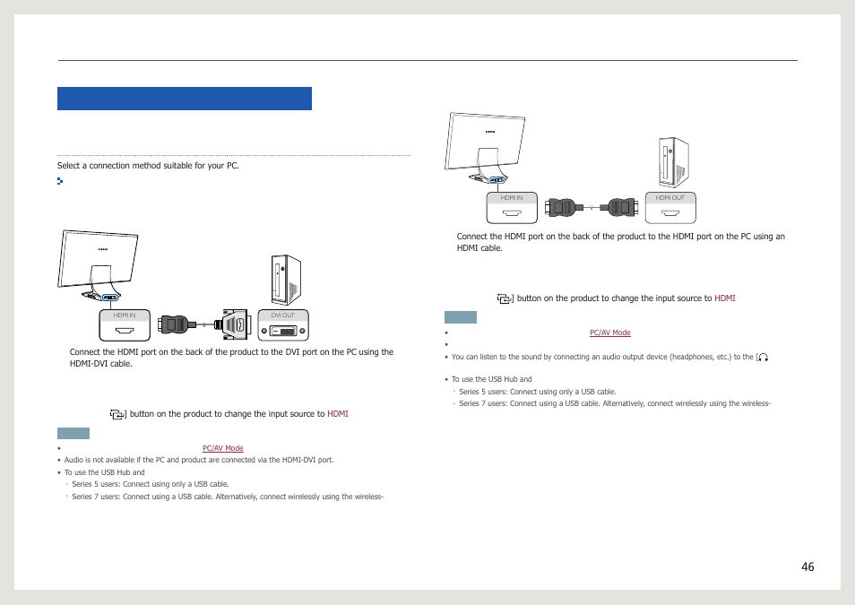 Connecting and using a pc, Connecting to a pc, Connection using an hdmi-dvi cable | Connection using an hdmi cable (digital type) | Samsung LC24B750XS-ZA User Manual | Page 46 / 89