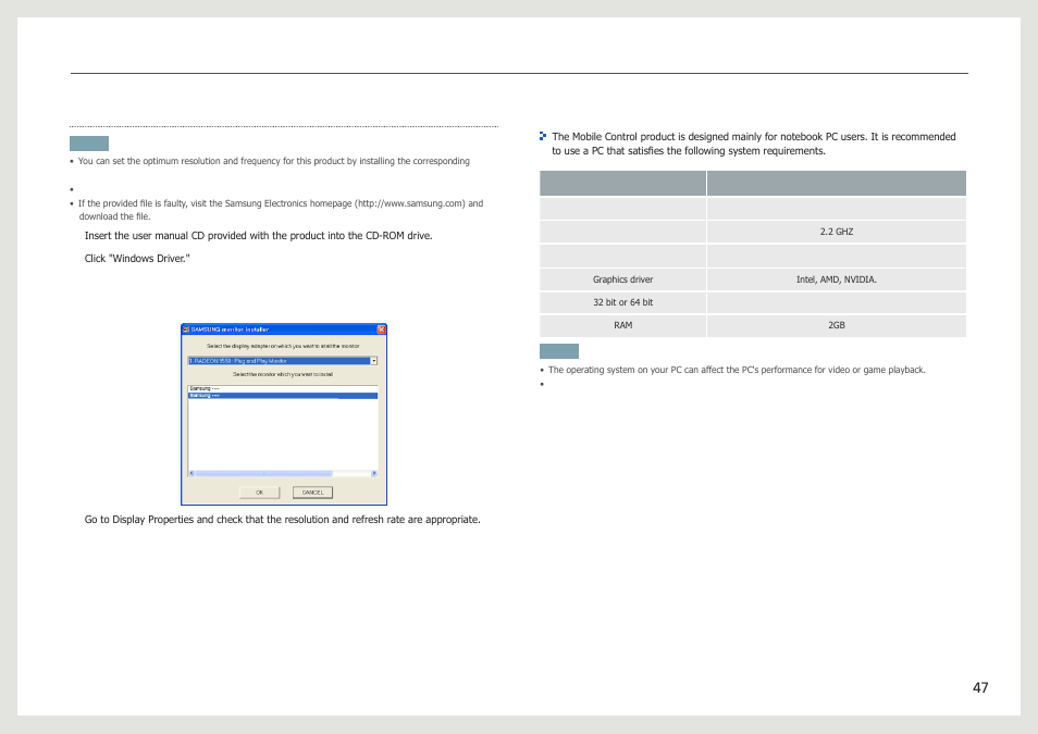 Driver installation, Pc system requirements for using the product | Samsung LC24B750XS-ZA User Manual | Page 47 / 89