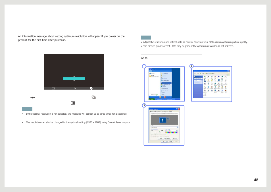 Setting optimum resolution, Changing the resolution using a pc | Samsung LC24B750XS-ZA User Manual | Page 48 / 89