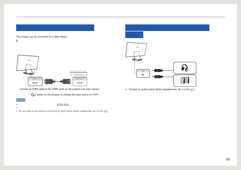 Connecting to a video device, Connecting to an audio output device, Connection using an hdmi cable | Samsung LC24B750XS-ZA User Manual | Page 50 / 89