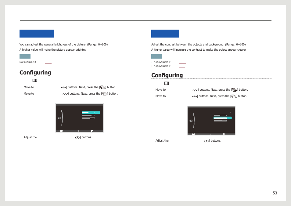 Brightness, Configuring, Contrast | Configuring brightness, Configuring contrast | Samsung LC24B750XS-ZA User Manual | Page 53 / 89