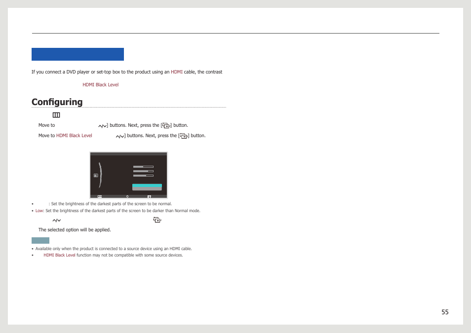 Hdmi black level, Configuring, Configuring hdmi black level | Samsung LC24B750XS-ZA User Manual | Page 55 / 89