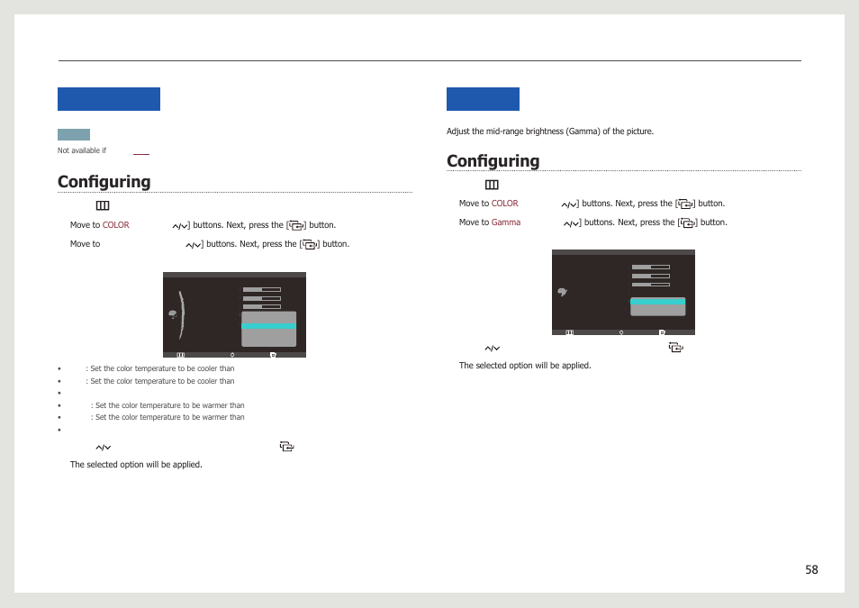 Color tone, Configuring, Gamma | Configuring color tone, Configuring gamma | Samsung LC24B750XS-ZA User Manual | Page 58 / 89