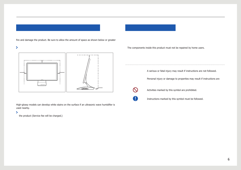Securing the installation space, Safety precautions, Symbols | Samsung LC24B750XS-ZA User Manual | Page 6 / 89