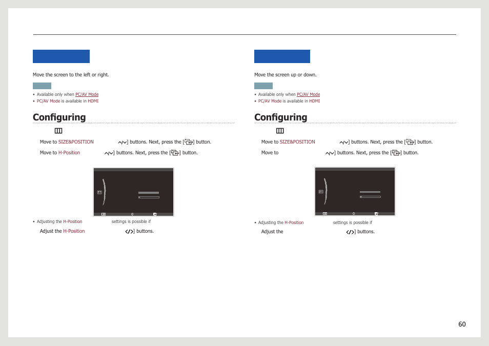 H-position, Configuring, V-position | Configuring h-position, Configuring v-position | Samsung LC24B750XS-ZA User Manual | Page 60 / 89